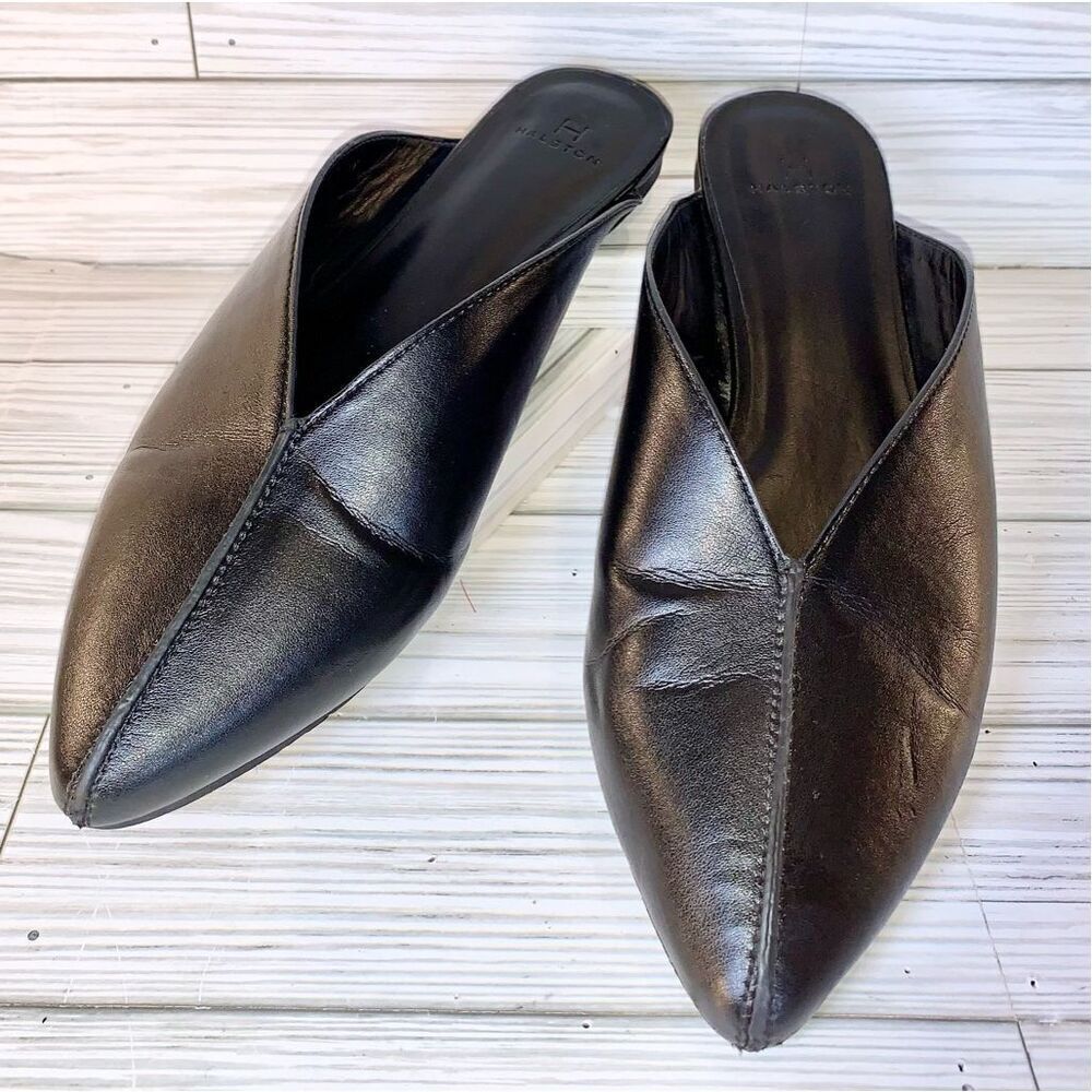 H by Halston Black Vegan Leather Pointed Toed Mules S: 7M